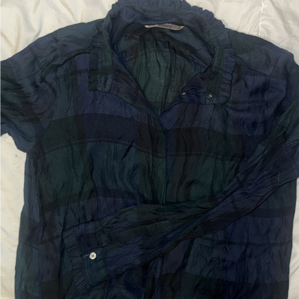Blue and Green Button-Up Blouse